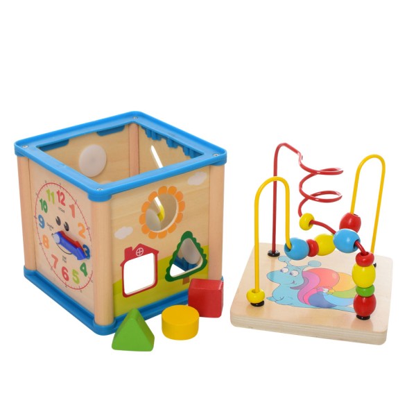 Деревянная игрушка Центр развивающий лабиринт на проволоке, сортер, часы MD2093