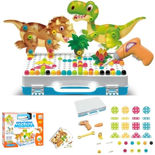 Игровой набор развивающий винтовой конструктор динозавры с шуруповертом и отверткой, мозаика в чемодане 257 деталей 5597