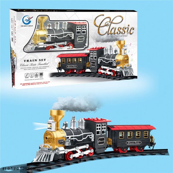 Детская железная дорога на батарейках, ретро-паровозный электропоезд со звуком, светом и дымом 803-1