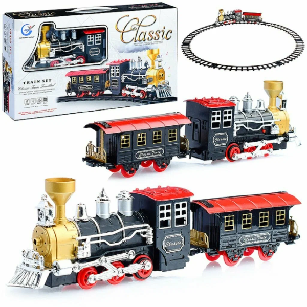 Детская железная дорога на батарейках, ретро-паровозный электропоезд со звуком, светом и дымом 803-1