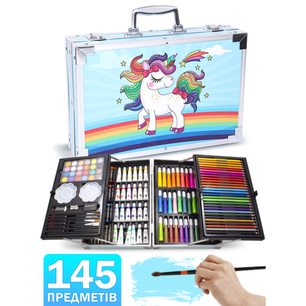 Набір для малювання та творчості у валізці юного художника дитячий Play Okay 145 предметів 3488 Синій Єдиноріг