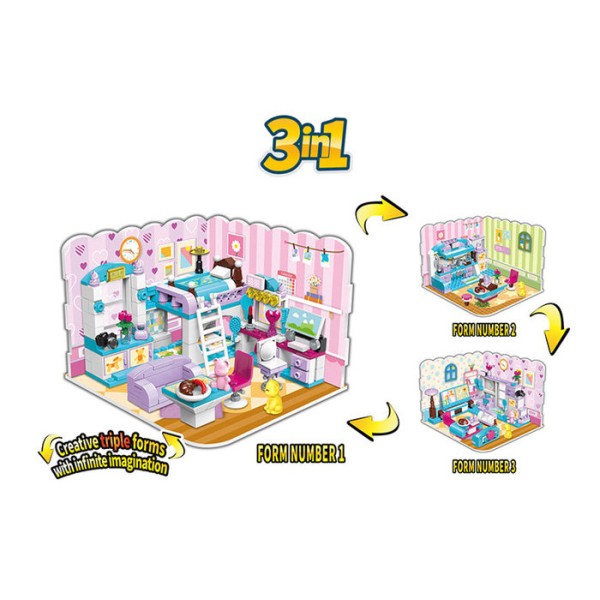 Конструктор Qman 3в1 Комната для девочки (гостиная / кухня / спальня) 194 деталей 4801