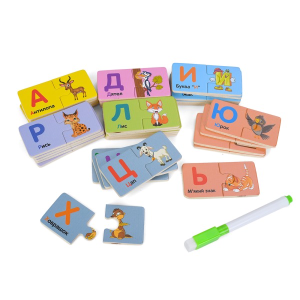 Дерев'яна іграшка Доміно MD 0755 Пазлик-абеточка: українська абетка, тварини та кольори