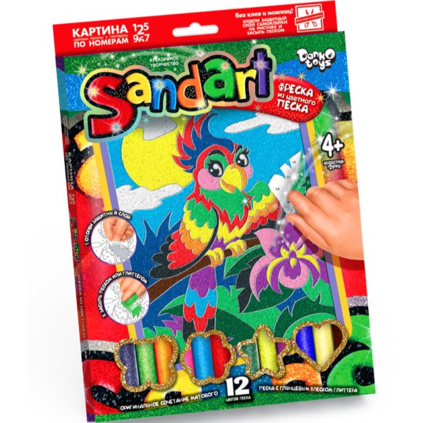 Картина цветным песком и глитером по номерам Фреска Sand Art Попугай SA-01-06