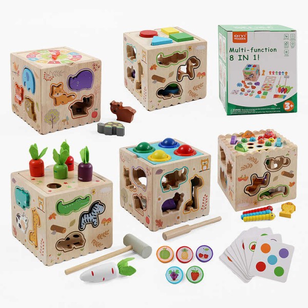 Куб логічний C73230 (32) 8в1, 4 кулі, дерев’яний, магнітна риболовля, сортер за формами, годинник, 5 морквин, молоточок, картки