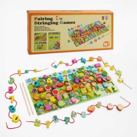 Логічна дерев’яна дошка C67048 (20) літери та назви продуктів англійською, сортер, цифри, шнурівка, кульки, палички