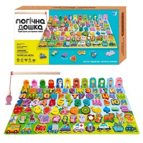 Логічна дерев’яна дошка 31592 (40) WToys, математичний+фруктовий сортер, транспорт, літери, магнітна риболовля