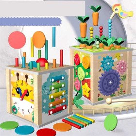 Куб логічний C74170 дерев'яний, 9 в 1, ксилофон, годинник, магнітна гра, морквинки, палички, шестерні, сортер,  у коробці