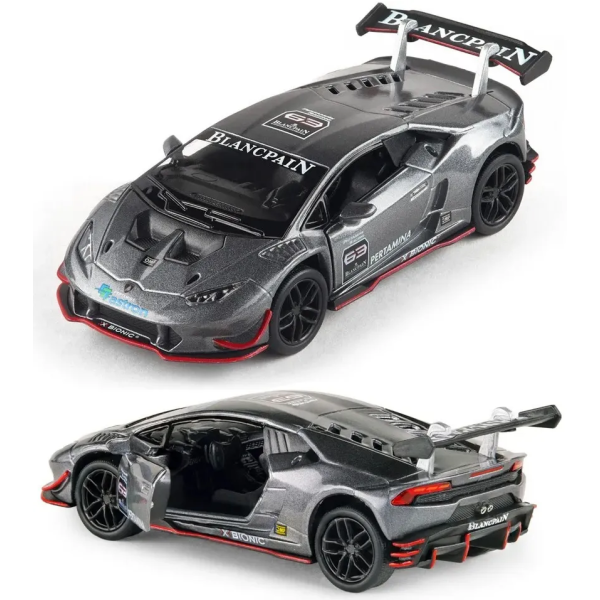 Машинка металлическая Kinsmart 1:36 Lamborghini Huracan LP620-2 KT5389W инерционная, двери открываются / Серый