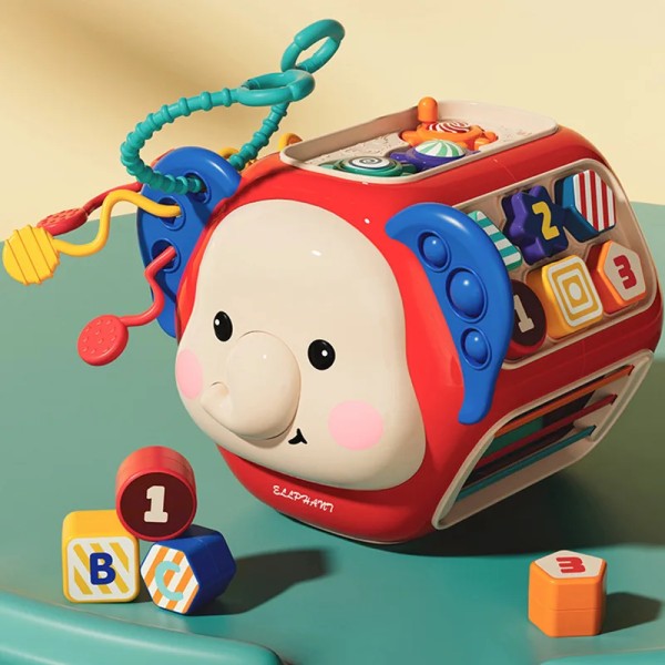 Сортер монтесори 12в1 музыкальная развивающая тактильная бизиборд игрушка Слон 919-1 (Красный)