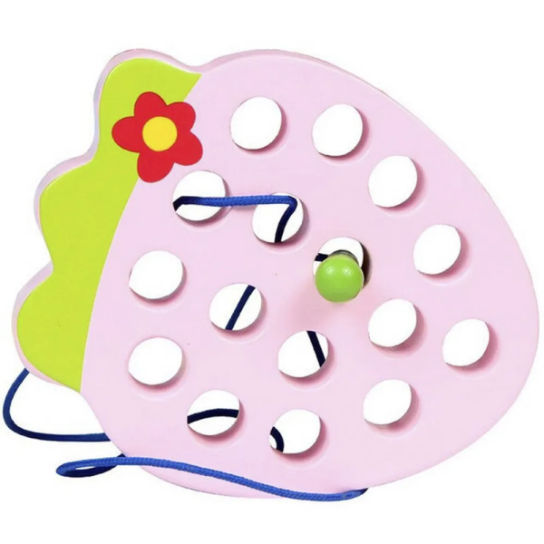 Развивающая Деревянная игрушка Монтессори Головоломка-шнуровка Клубничка с червячком MD1228