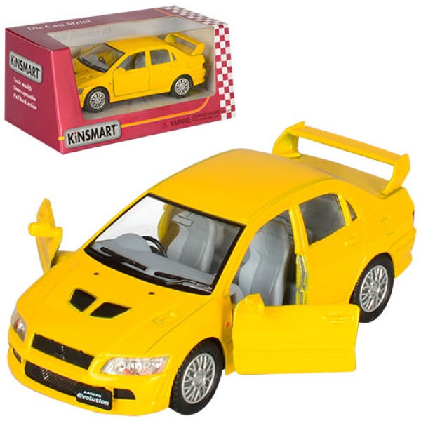 Машинка металлическая Kinsmart 1:36 "Mitsubishi Lancer Evolution VII" KT5052W инерционная, дверь открывается / Желтый