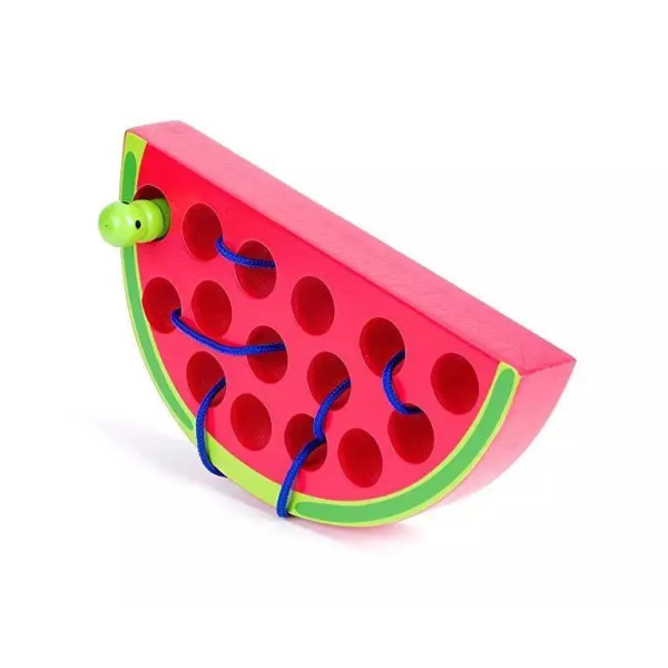 Развивающая Деревянная игрушка Монтессори Головоломка-шнуровка Арбуз с червячком MD1228