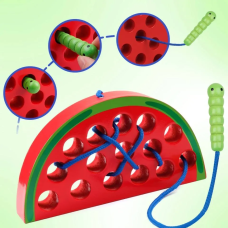 Развивающая Деревянная игрушка Монтессори Головоломка-шнуровка Арбуз с червячком MD1228
