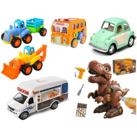 Детский игровой набор: комплект из 5 различных машинок и многофункционального конструктора в виде Тираннозавра (1347)