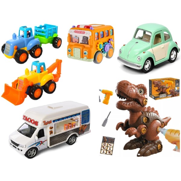 Дитячий ігровий набір: 5 машинок + конструктор Тиранозавр