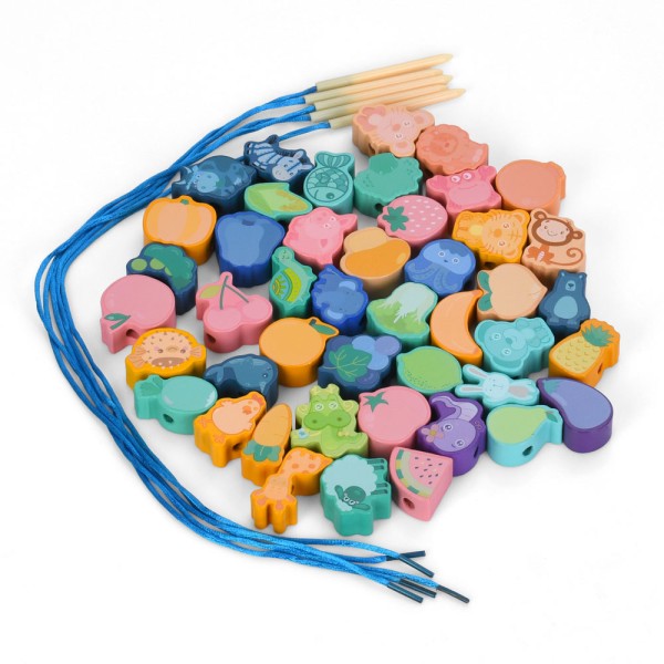 Дерев'яна іграшка Шнурівка MD 0145 у контейнері: овочі, фрукти,тварини