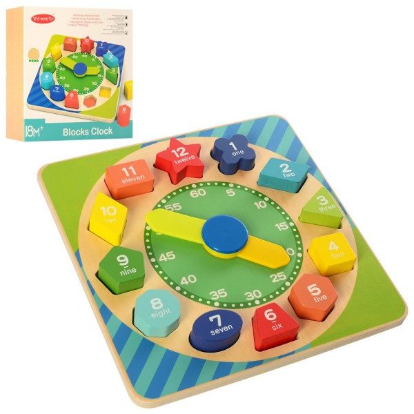 Деревянная игрушка-часы с сортировкой форм – пазл для обучения времени, чисел и форм MD2362