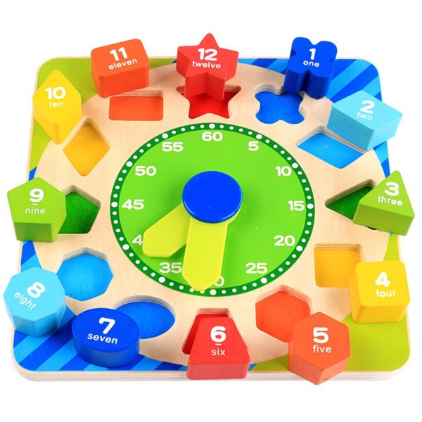 Деревянная игрушка-часы с сортировкой форм – пазл для обучения времени, чисел и форм MD2362