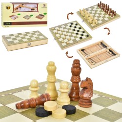 Шахи, шашки, нарди, набір 3 в 1, для дорослих та дітей, дерев'яна дошка TQ09171