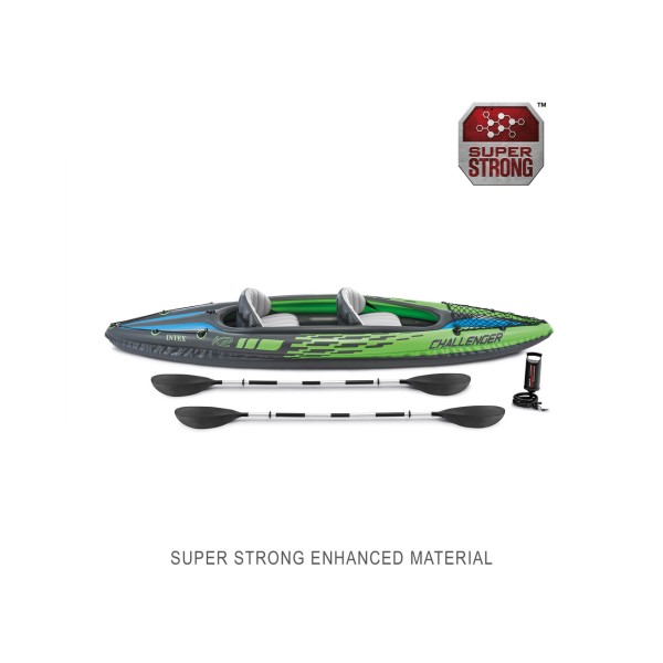 Intex Двомісна надувна байдарка-каяк 68306 NP Challenger K2, 351х76см, (весла, ручний насос). 3-х камерна