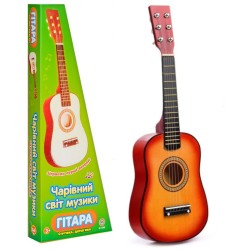 Игрушечная гитара для детей деревянная, Шестиструнная, Можно настраивать 6 струн, медиатор (1369) Коричневая светлая