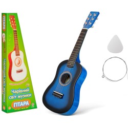 Игрушечная гитара для детей деревянная, Шестиструнная, Можно настраивать 6 струн, медиатор (1369) Синяя
