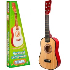 Игрушечная гитара для детей деревянная, шестиструнная, Можно настраивать 6 струн, медиатор (1369) Бежевая + красная