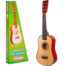 Іграшкова гітара для дітей дерев'яна, Шестиструнна, Можна настроювати 6 струн, медіатор (1369) Бежево + червона