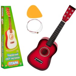 Іграшкова гітара для дітей дерев'яна, Шестиструнна, Можна настроювати 6 струн, медіатор (1369) Червона