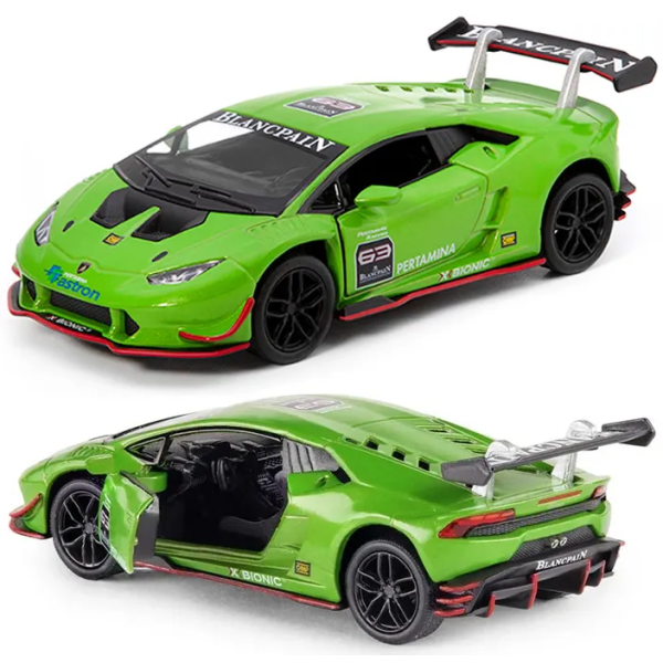 Машинка металлическая Kinsmart 1:36 Lamborghini Huracan LP620-2 KT5389W инерционная, двери открываются / Зеленый