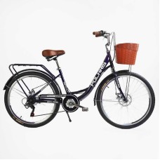 Велосипед міський Corso Polaris 26" PS-36620 + КОШИК БАКЛАЖАНОВИЙ, сталева рама 16.5", Shimano 7 швидкостей, корзина, багажник