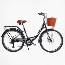 Велосипед міський Corso Polaris 26" PS-36620 + КОШИК БАКЛАЖАНОВИЙ, сталева рама 16.5", Shimano 7 швидкостей, корзина, багажник