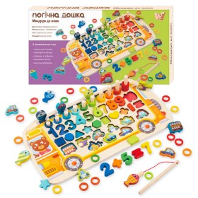 Дошка логічна 38512 (22) WToys, "Автобус", дерев'яна, сортер, магнітна риболовля, цифри, знаки, фігури, транспорт, кілочки, кільця