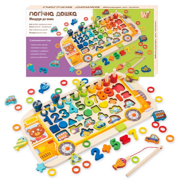 Дошка логічна 38512 (22) WToys, "Автобус", дерев'яна, сортер, магнітна риболовля, цифри, знаки, фігури, транспорт, кілочки, кільця