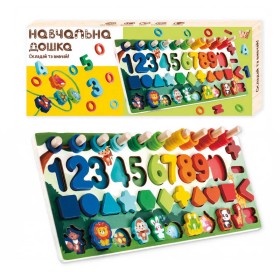 Дошка логічна 61981 WToys, дерев'яна, гра-шнурівка, цифри та фігури, сортер, кілочки