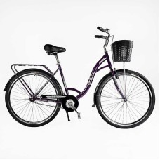 Велосипед міський Corso FORTUNA 28" FR-28077 + КОШИК ТЕМНО-ФІОЛЕТОВИЙ, одношвидкісний, сталева рама 20", корзина, багажник