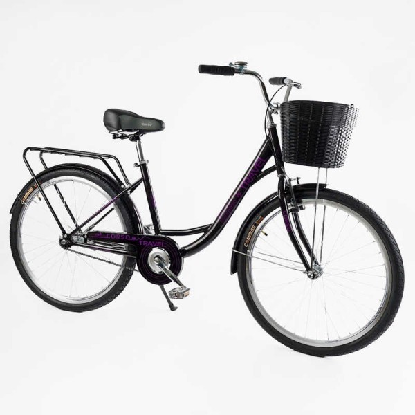 Велосипед міський Corso TRAVEL 26" TL-26523 + КОШИК ТЕМНО-ФІОЛЕТОВИЙ, одношвидкісний, сталева рама 16.5", корзина, багажник
