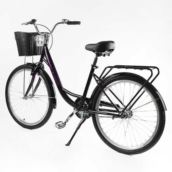 Велосипед міський Corso TRAVEL 26" TL-26523 + КОШИК ТЕМНО-ФІОЛЕТОВИЙ, одношвидкісний, сталева рама 16.5", корзина, багажник