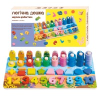 Дошка логічна 32521 (40) WToys, дерев'яна, сортер, магнітна риболовля, цифри англійською, дерев'яні кілочки, геометричні фігури, кільця