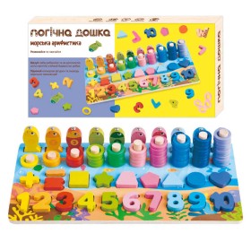 Дошка логічна 32521 (40) WToys, дерев'яна, сортер, магнітна риболовля, цифри англійською, дерев'яні кілочки, геометричні фігури, кільця