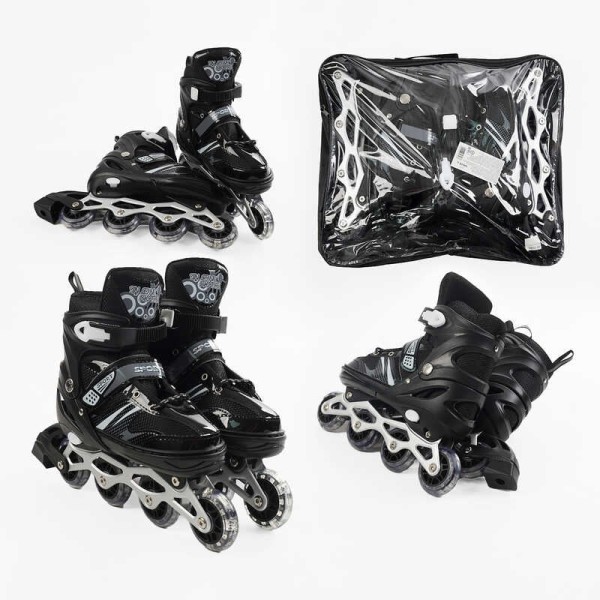 Ролики 94608-L /розмір 39-43/ колір – ЧОРНИЙ (6) колеса PVC, устілка 25-27 см, ПЕРЕДНЄ КОЛЕСО СВІТЛО, d – 6.5 см, в сумці