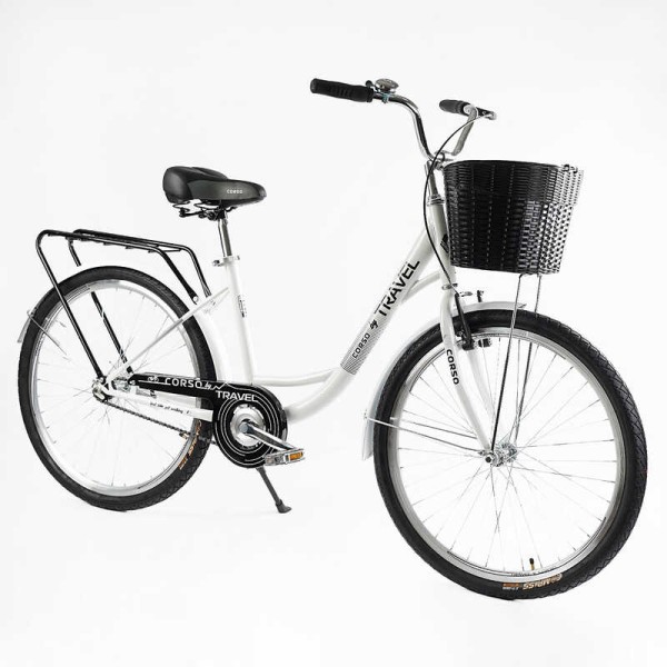Велосипед міський Corso TRAVEL 26" TL-26309 + КОШИК одношвидкісний, сталева рама 16.5", корзина, багажник